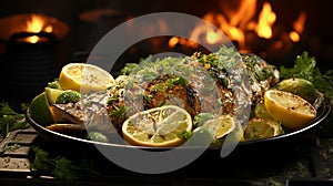 Dorado grilled on a barbecue and charcoal in a plate on green color background photo