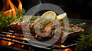 Dorado grilled on a barbecue and charcoal in a plate on green color background photo