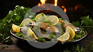 Dorado grilled on a barbecue and charcoal in a plate on green color background photo