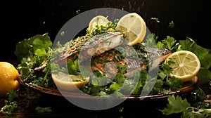 Dorado grilled on a barbecue and charcoal in a plate on green color background photo