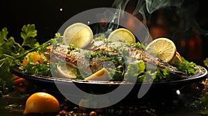 Dorado grilled on a barbecue and charcoal in a plate on green color background photo