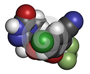 Doravirine HIV drug molecule (non-nucleoside reverse transcriptase inhibitor). 3D rendering. Atoms are represented as spheres with photo
