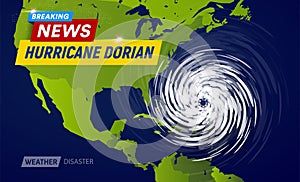 Dorian Hurricane cyclone on USA map, typhoon spiral storm over Florida, spin vortex on black background, breaking news