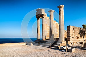 Doric columns of temple of Athena Lindia in Lindos acropolis in Rhodes island in Greece