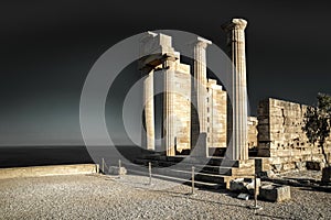 Doric columns of temple of Athena Lindia in Lindos acropolis in Rhodes island in Greece