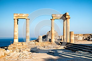 Doric pillars in Lindos acropolis in rhodes island in Greece