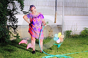 Dorky laughing granny gardener