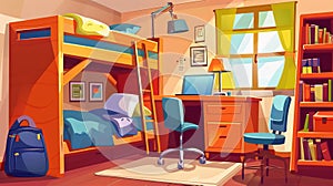 Dorm room with bunk bed, laptop on desk, office chair, storage and bookshelves. Modern cartoon interior of a dorm room