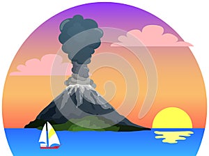 Dormant volcano in sea or ocean, Seascape with mountain and yacht. Beautiful sunset scenery