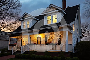 dormer windows of dutch colonial highlighted by luminous outdoor light