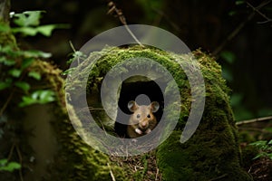 dormouse emerging from a mosscovered stone hole in a forest