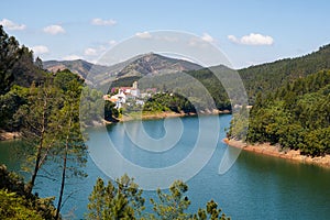 Dornes city and landscape panoramic view with Zezere river, in Portugal