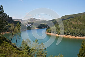 Dornes city and landscape panoramic view with Zezere river, in Portugal photo