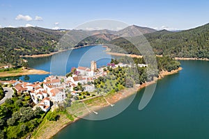 Dornes drone aerial view of city and landscape with river Zezere in Portugal photo