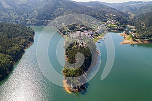 Dornes drone aerial view of city and landscape with river Zezere in Portugal photo