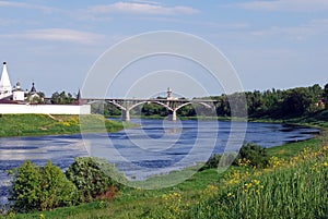 Dorozhny Bridge through the Volga River near the Uspensky monastery in the city of Staritsa. Tver region.