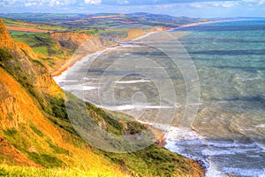 Dorset jurassic coast view to West Bay and Chesil beach England UK