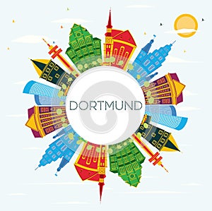 Dortmund Germany City Skyline with Color Buildings, Blue Sky and Copy Space