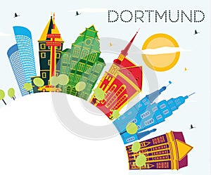 Dortmund Germany City Skyline with Color Buildings, Blue Sky and Copy Space