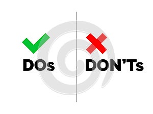 Dos and Dont`s check tick mark and red cross icons isolated on transparent background. Vector Do and Don`t checklist