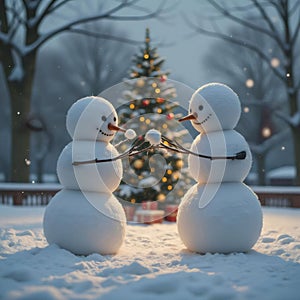 Dos muÃ±ecos de nieve celebran la magia de la Navidad bajo un Ã¡rbol iluminado photo
