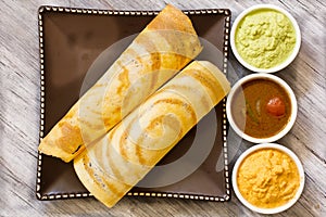 Dosa with Sambar and chutney, south Indian breakfast photo