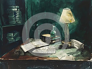 Dossier on a dark desk, deep green and black, Watercolor, hand drawing