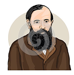 Dostoyevsky cartoon vector line art portrait
