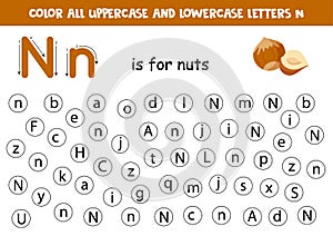 Dot all letters N. Educational worksheet for learning alphabet