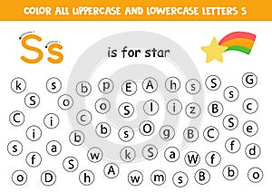 Dot all letters S. Educational worksheet for learning alphabet