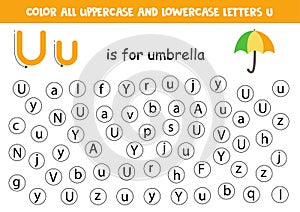 Dot all letters U. Educational worksheet for learning alphabet