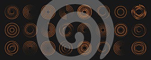 Dot circle pattern. Orange round halftone dot patterns. Spiral halftones frame. Set of swirl abstract ripple elements. Circular