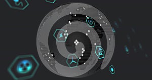 Dot-matrix globe rotating in lab, cyan hex frames power lightning flask propeller icons datapoints