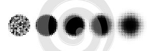 Dot pattern gradient circles with halftone dots or dotwork texture effect. Abstract vector halftone pattern circles black dot
