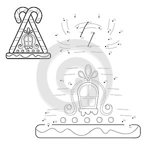 Dot to dot Christmas puzzle for children. Connect dots game. Christmas Gingerbread house vector illustration