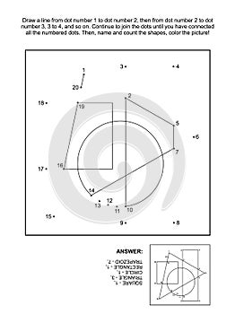 Dot-to-dot and coloring page with basic geometrical shapes