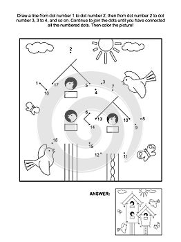 Dot-to-dot and coloring page with birdhouses