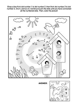 Dot-to-dot and coloring page with birds and birdhouses