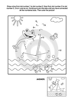 Dot-to-dot and coloring page with boat and frog