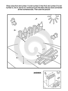 Dot-to-dot and coloring page with box of pencils