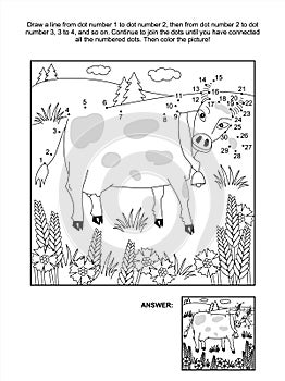 Dot-to-dot and coloring page - cow and cornflowers