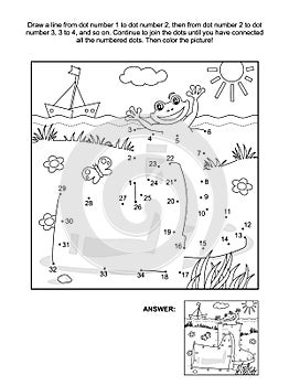 Dot-to-dot and coloring page - spring, gumboots, frog