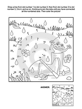 Dot-to-dot and coloring page - umbrella, gumboots, frog