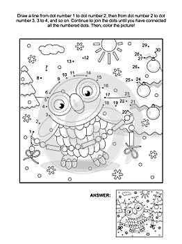 Dot-to-dot and coloring page with winter holiday owl