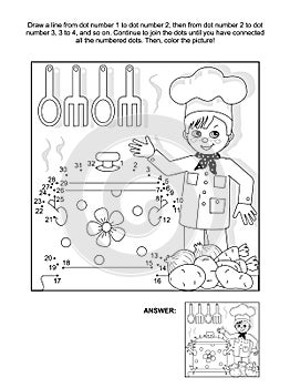 Dot-to-dot and coloring page with young chef