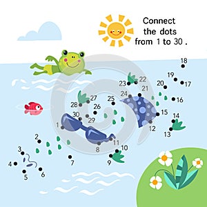 Dot to dot. Connect the dots from 1 to 30. Puzzle game for kids. Cute crocodile in summer. Vector illustration