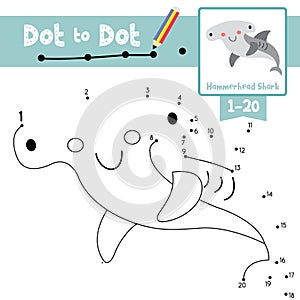 Dot to dot educational game and Coloring book Happy Hammerhead Shark animal cartoon character vector illustration