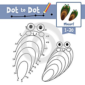 Dot to dot educational game and Coloring book Mussel animal cartoon character vector illustration