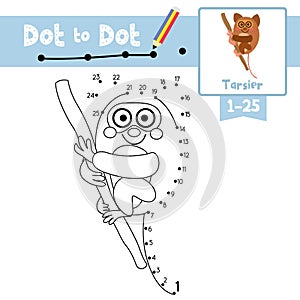 Dot to dot educational game and Coloring book Tarsier hanging on tree animal cartoon character vector illustration