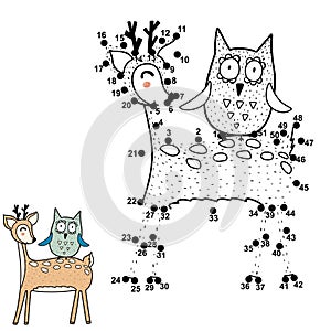 Dot to dot game for kids. Connect the digits and draw funny deer and owl